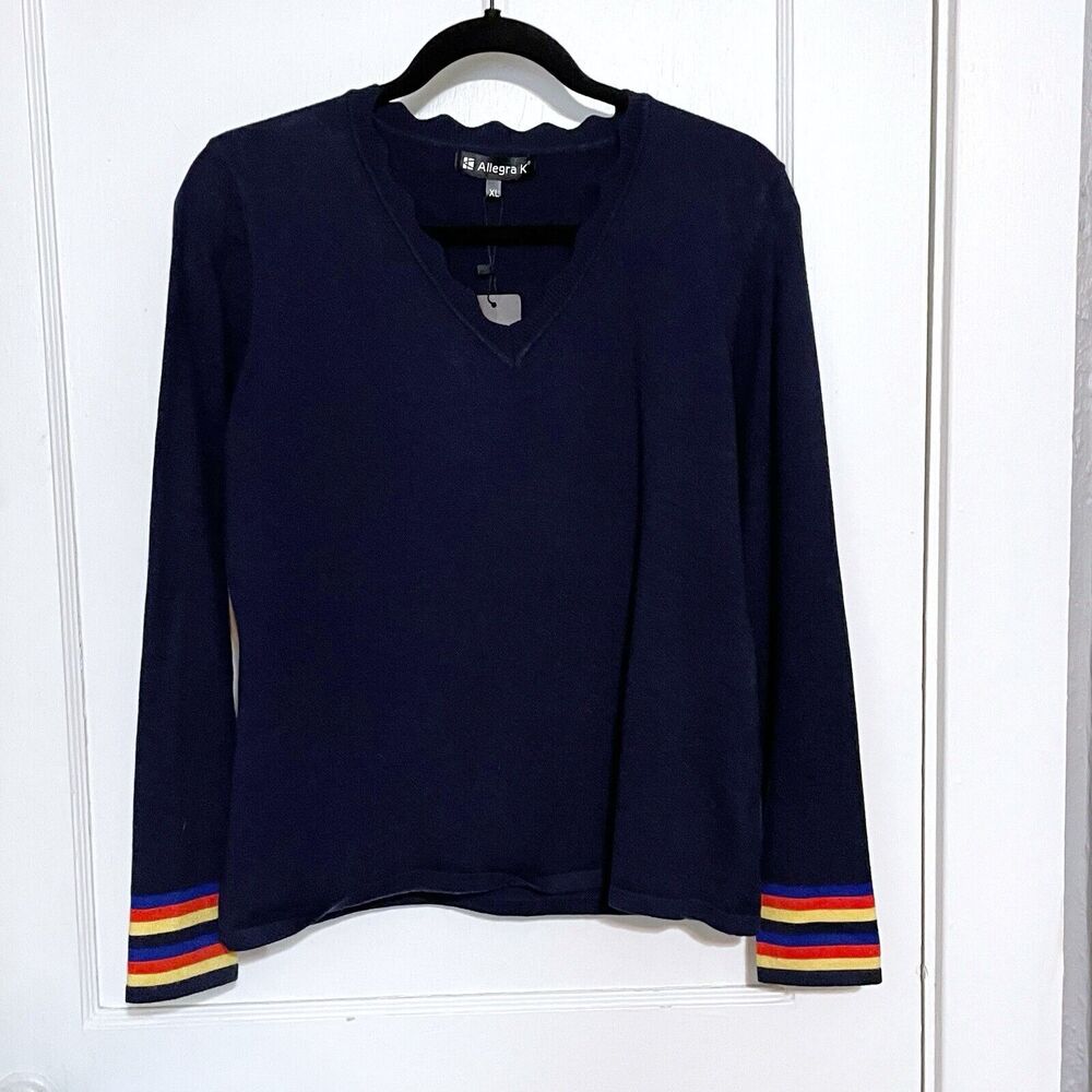 New Allegra K Size XL Scallop V-Neck Sweater Navy Slim Fit Stretch Stripe Cuff